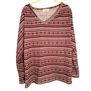 Hopely Boutique Top Maroon & Tan‎ Snowflake Pattern Size Large Oversized NWOT